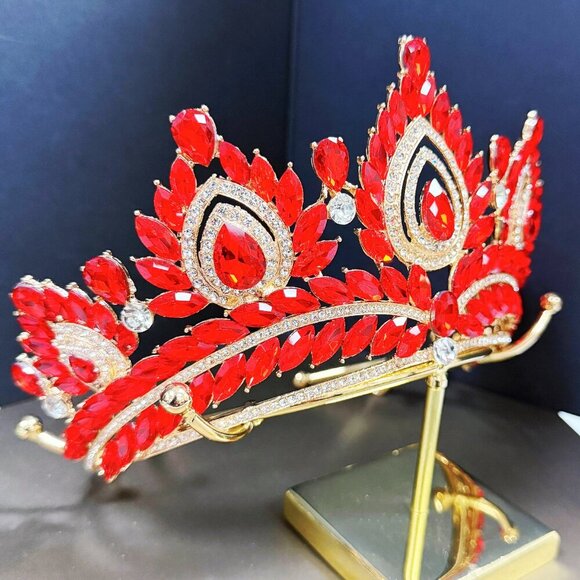 Quinceanera Crown, Red Rhinestone Crown, Large Size Crown, Gold Crystal Crown main image 5